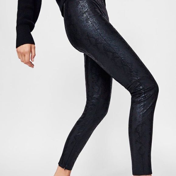 Zara Faux Snakeskin Python Liquid Legging Black Womens Size L - Picture 3 of 13